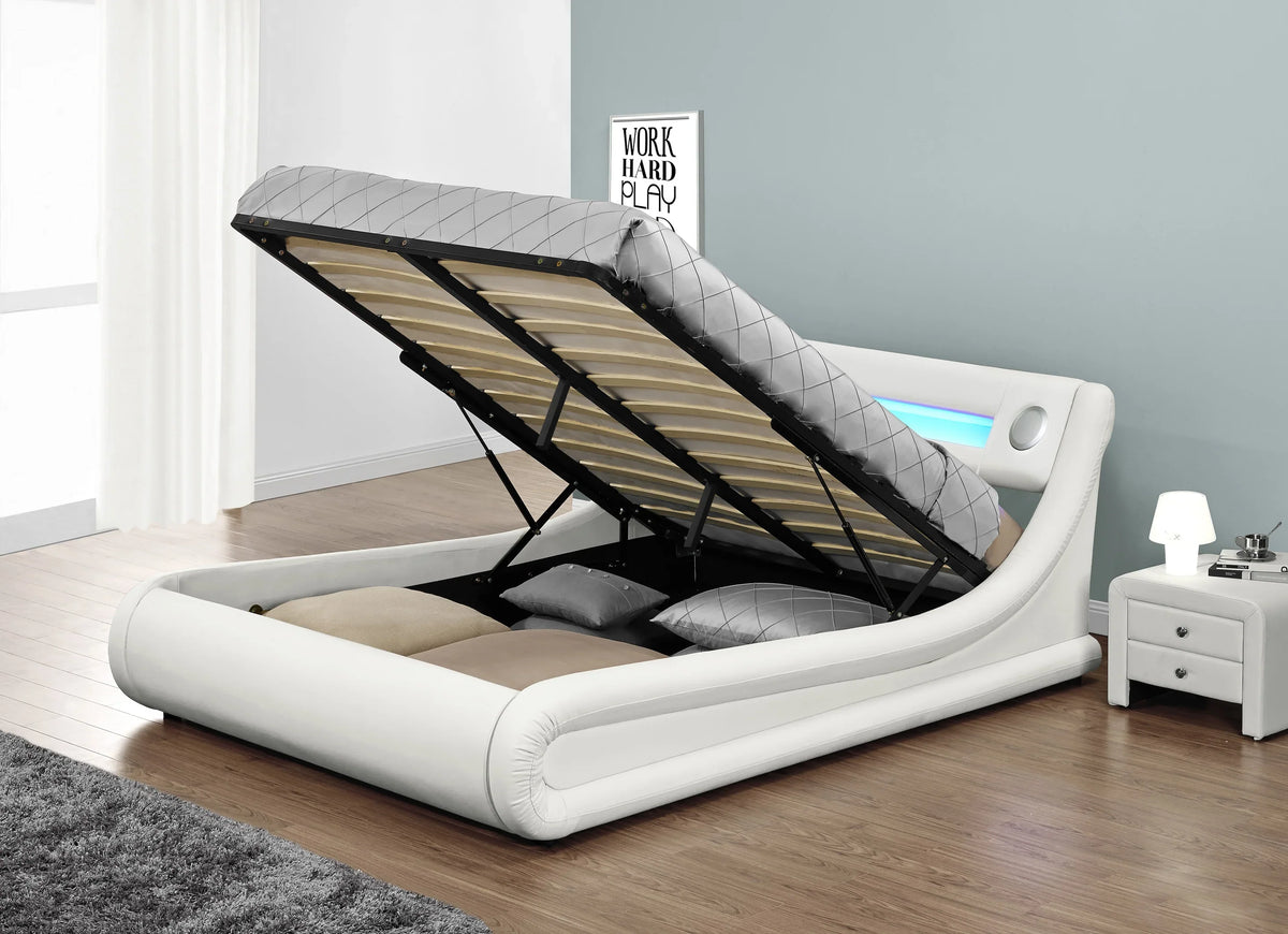 SPEAKERS LED Lights Storage White Bed with Bluetooth Q/F