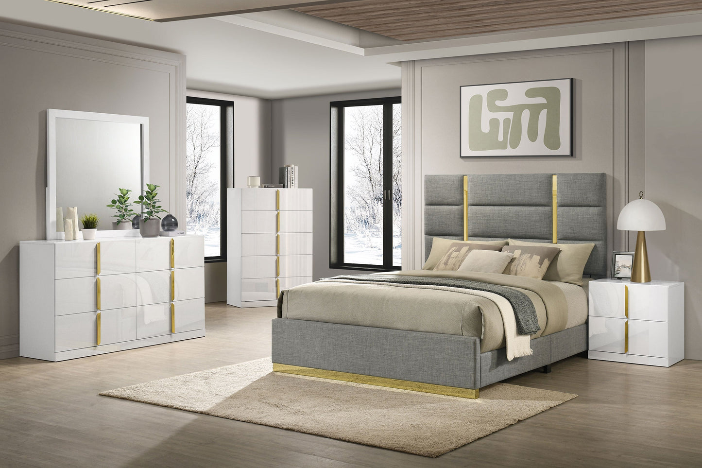 Ines 56-Inch Fabric Upholstered Panel Bed – Gray Available in Queen & Eastern King - Venini Furniture