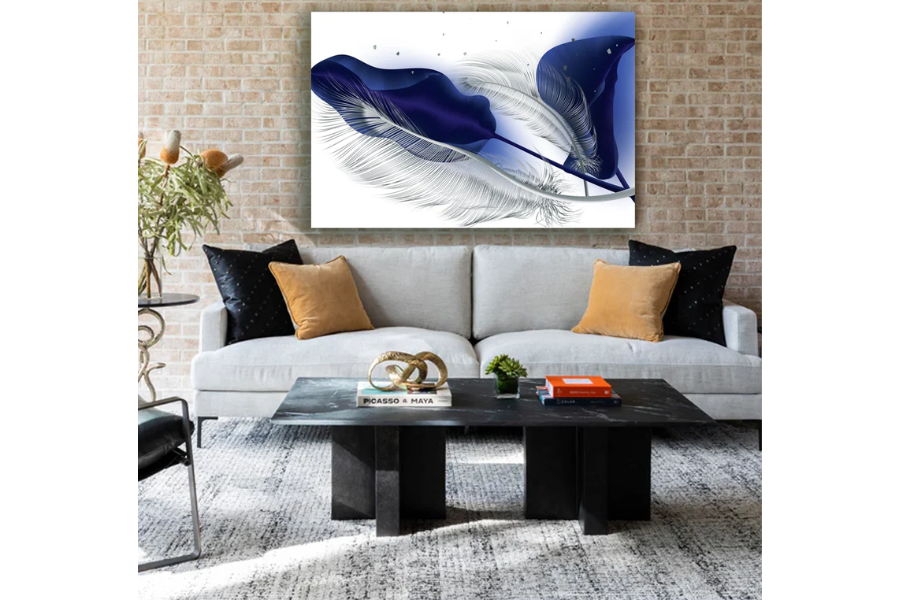 SULC-42 LEAVES SILVER, Blue/Light Blue Feather Modern Wall Art TG