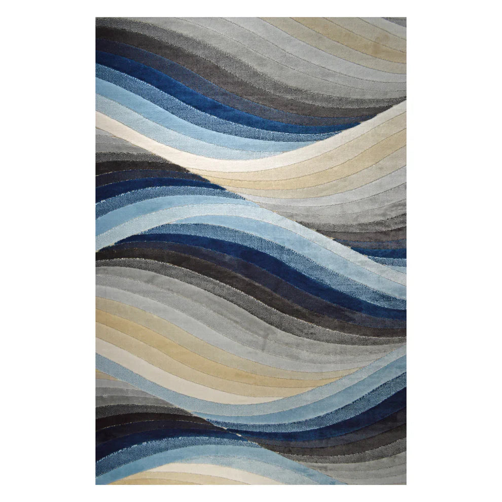 GS-7922 BLU BONITA Collection Grey Beige and Blue Waves Pattern Rug