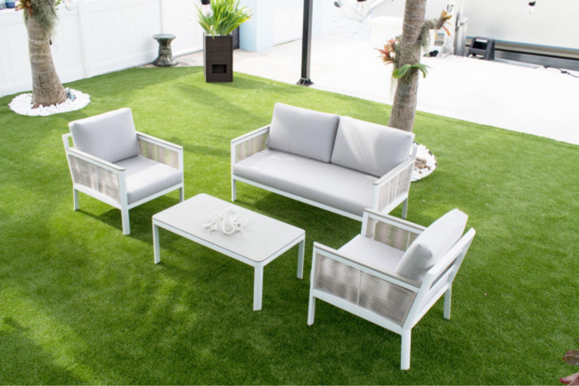 Santa Monica 4 PC Seating Set w/grey cushions SKU: PJO-3701-WHT-4PC - Venini Furniture