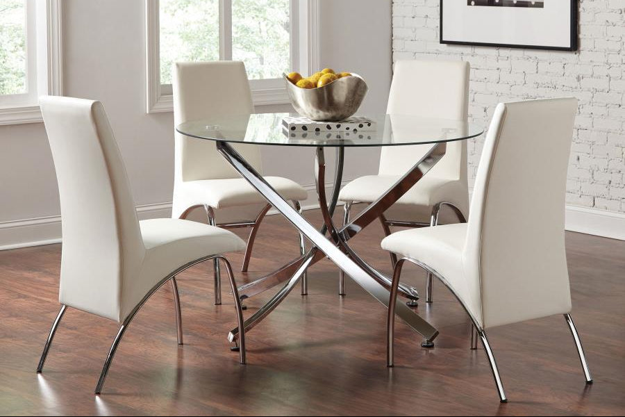 Beckham 5-piece Round Glass Top Dining Set Chrome and White