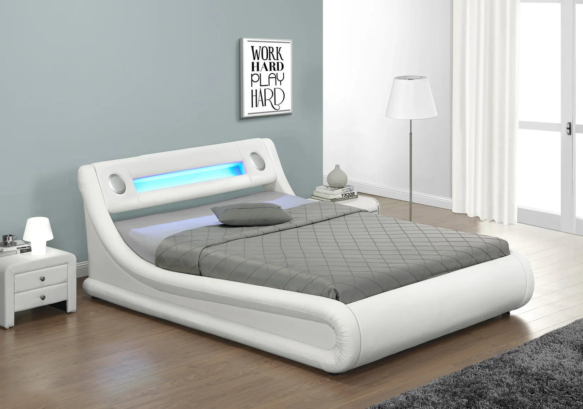 SPEAKERS LED Lights Storage White Bed with Bluetooth Q/F