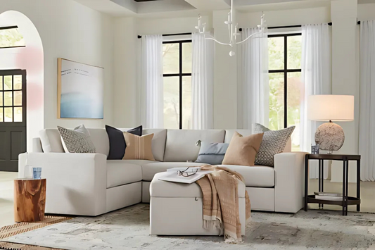 Flexsteel Modular Sectional with Storage Ottoman in Light Tan Floor Model