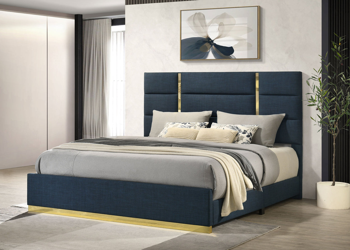 Ines 56-Inch Fabric Upholstered Panel Bed – Navy Available in Queen & Eastern King - Venini Furniture 