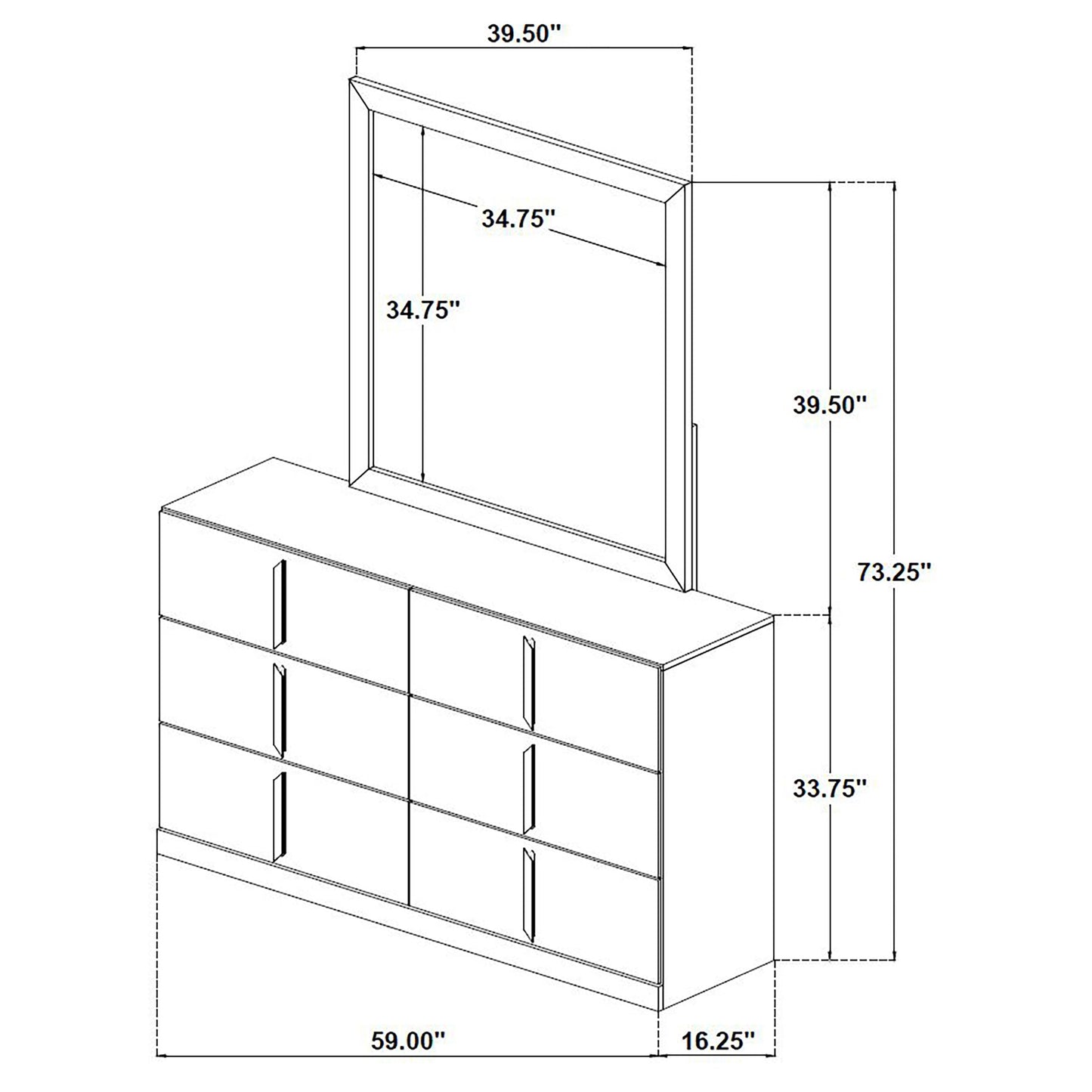 Ines 6-drawer Bedroom Dresser with Mirror White High Gloss 223093M - Venini Furniture 