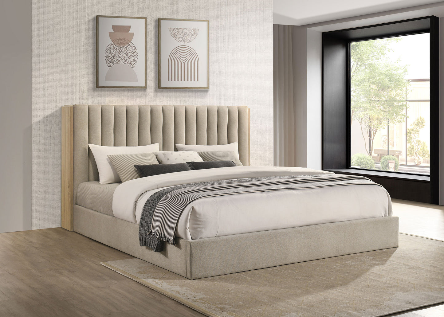 Arielle Upholstered Bookcase Bed Light Tan and Light Oak Available in Queen & Eastern King
