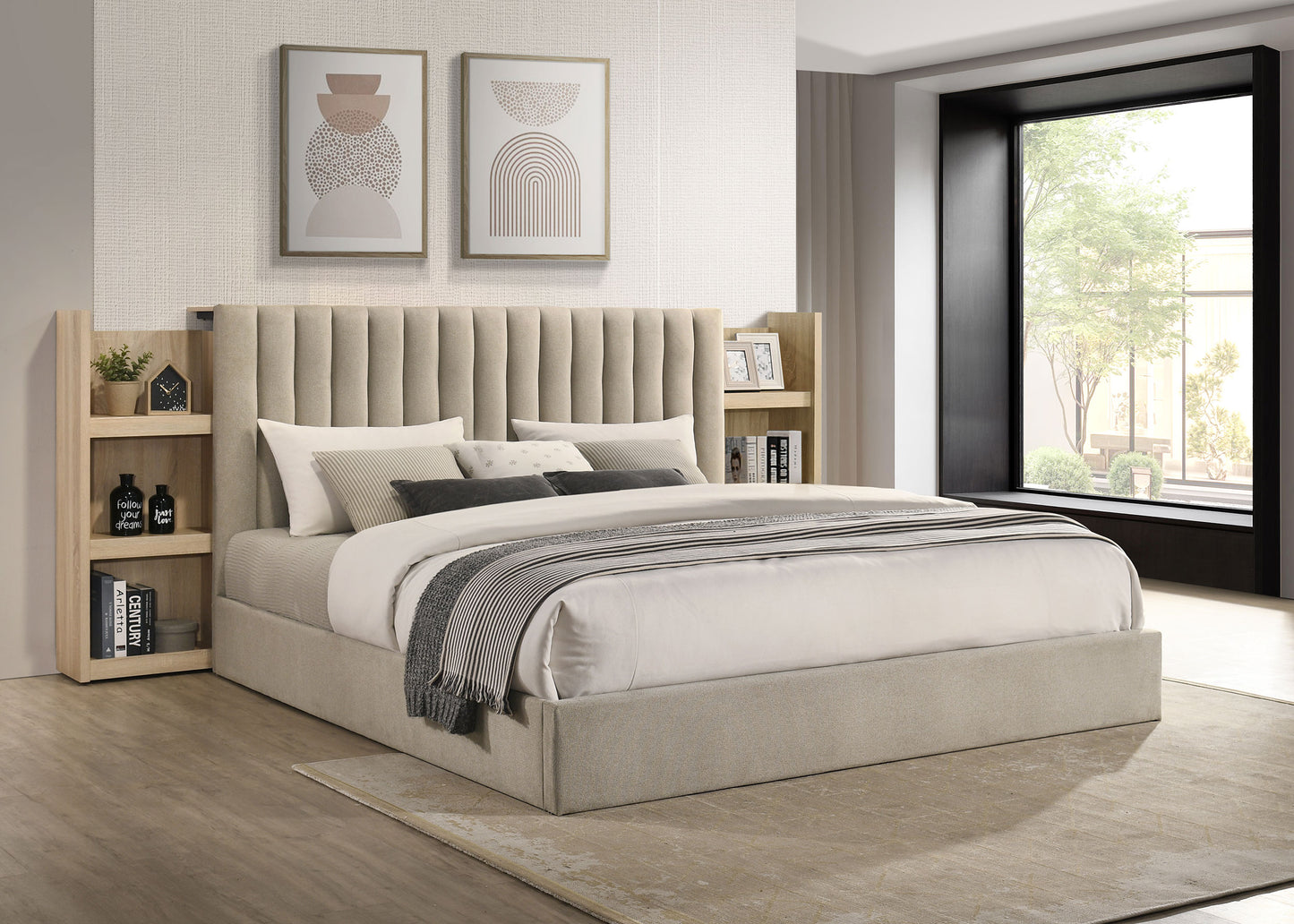 Arielle Upholstered Bookcase Bed Light Tan and Light Oak Available in Queen & Eastern King