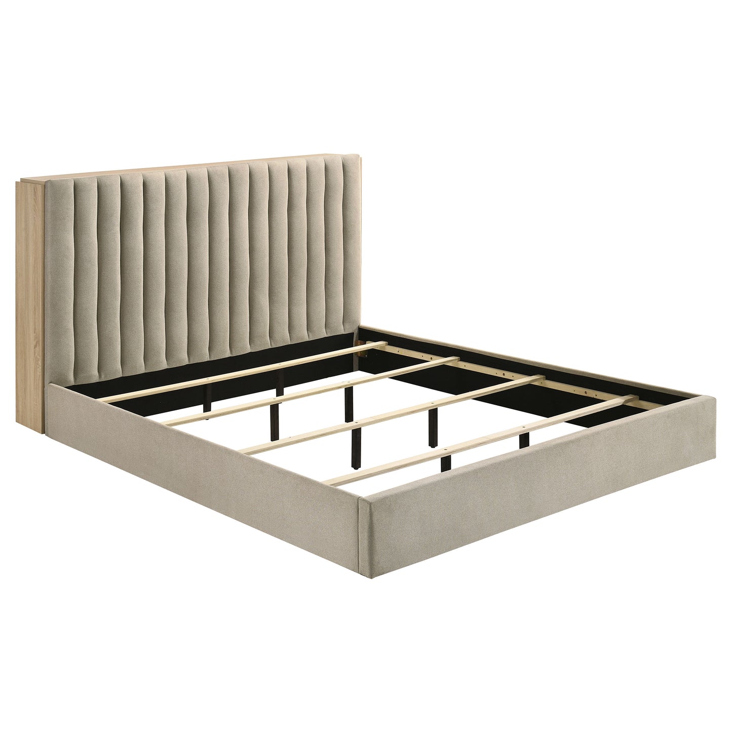 Arielle Upholstered Bookcase Bed Light Tan and Light Oak Available in Queen & Eastern King