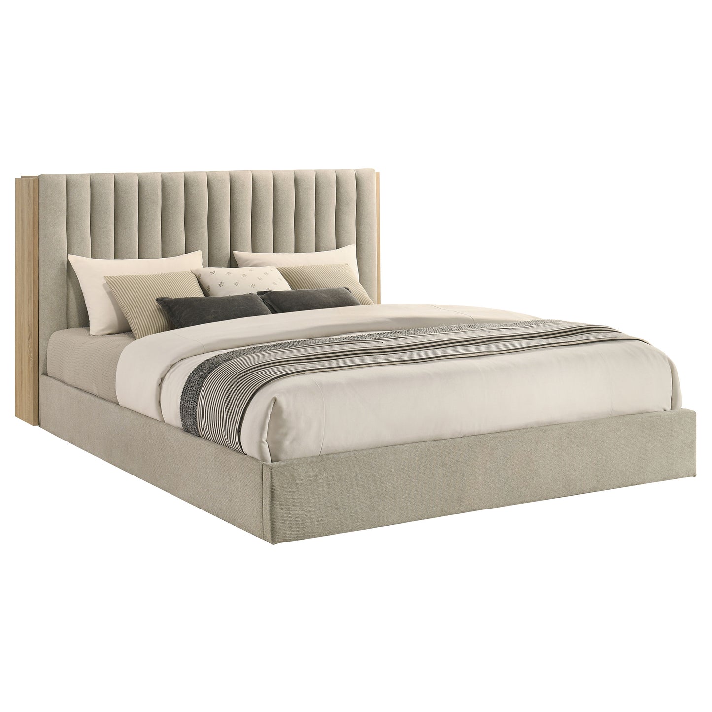 Arielle Upholstered Bookcase Bed Light Tan and Light Oak Available in Queen & Eastern King