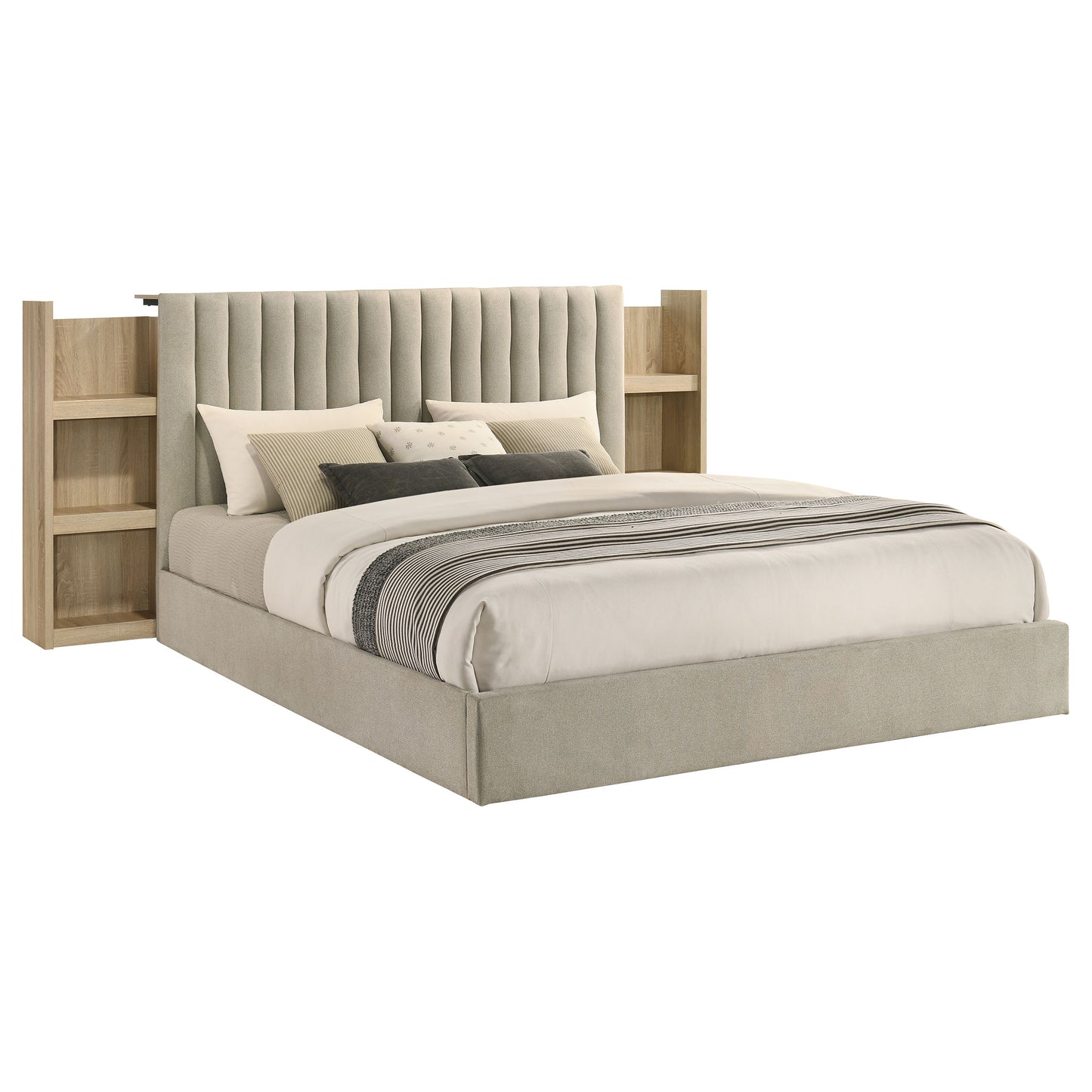 Arielle Upholstered Bookcase Bed Light Tan and Light Oak Available in Queen & Eastern King