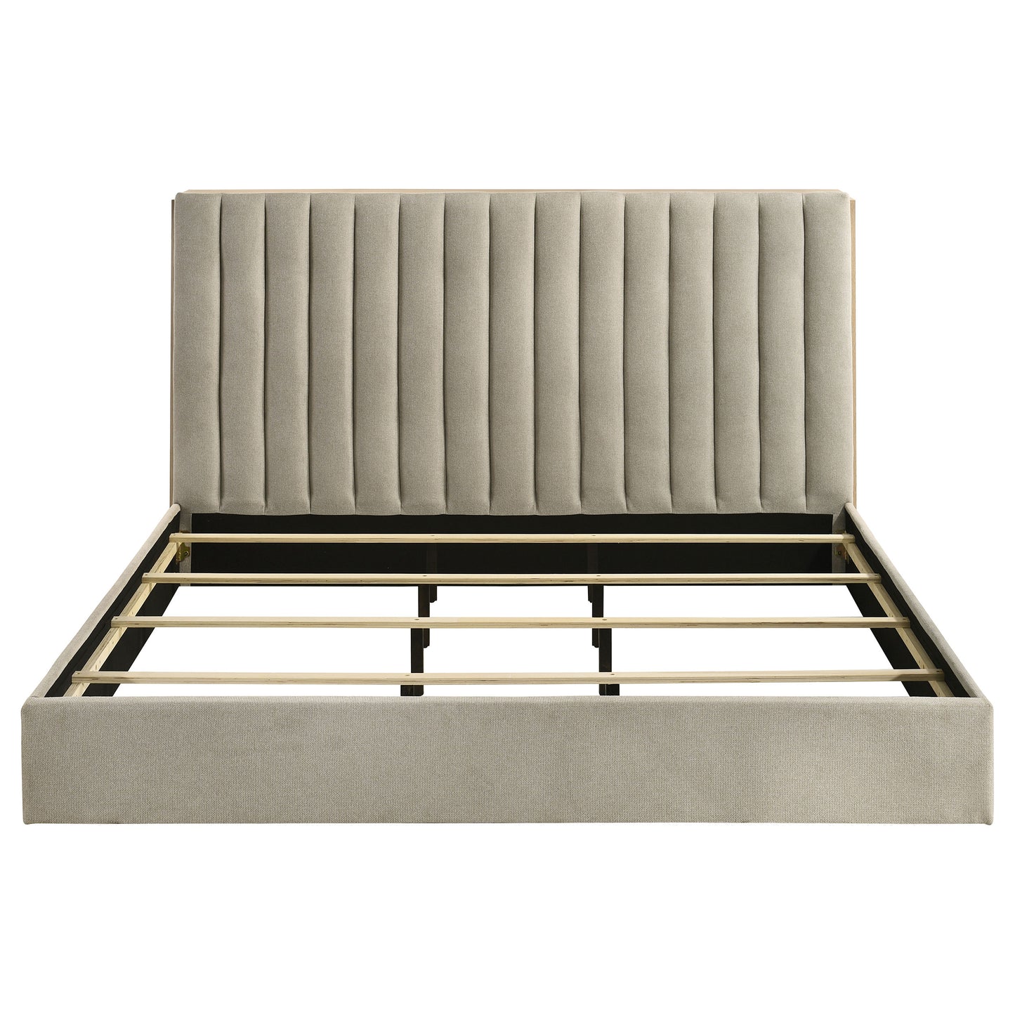 Arielle Upholstered Bookcase Bed Light Tan and Light Oak Available in Queen & Eastern King