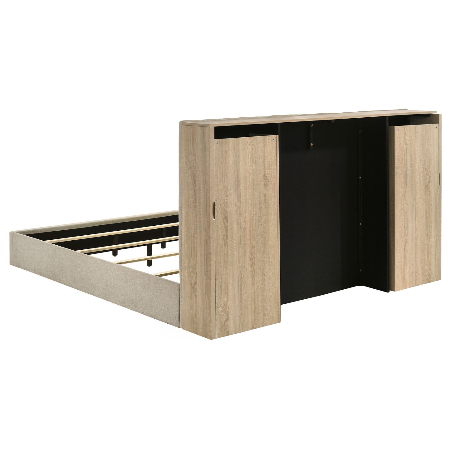 Arielle Upholstered Bookcase Bed Light Tan and Light Oak Available in Queen & Eastern King