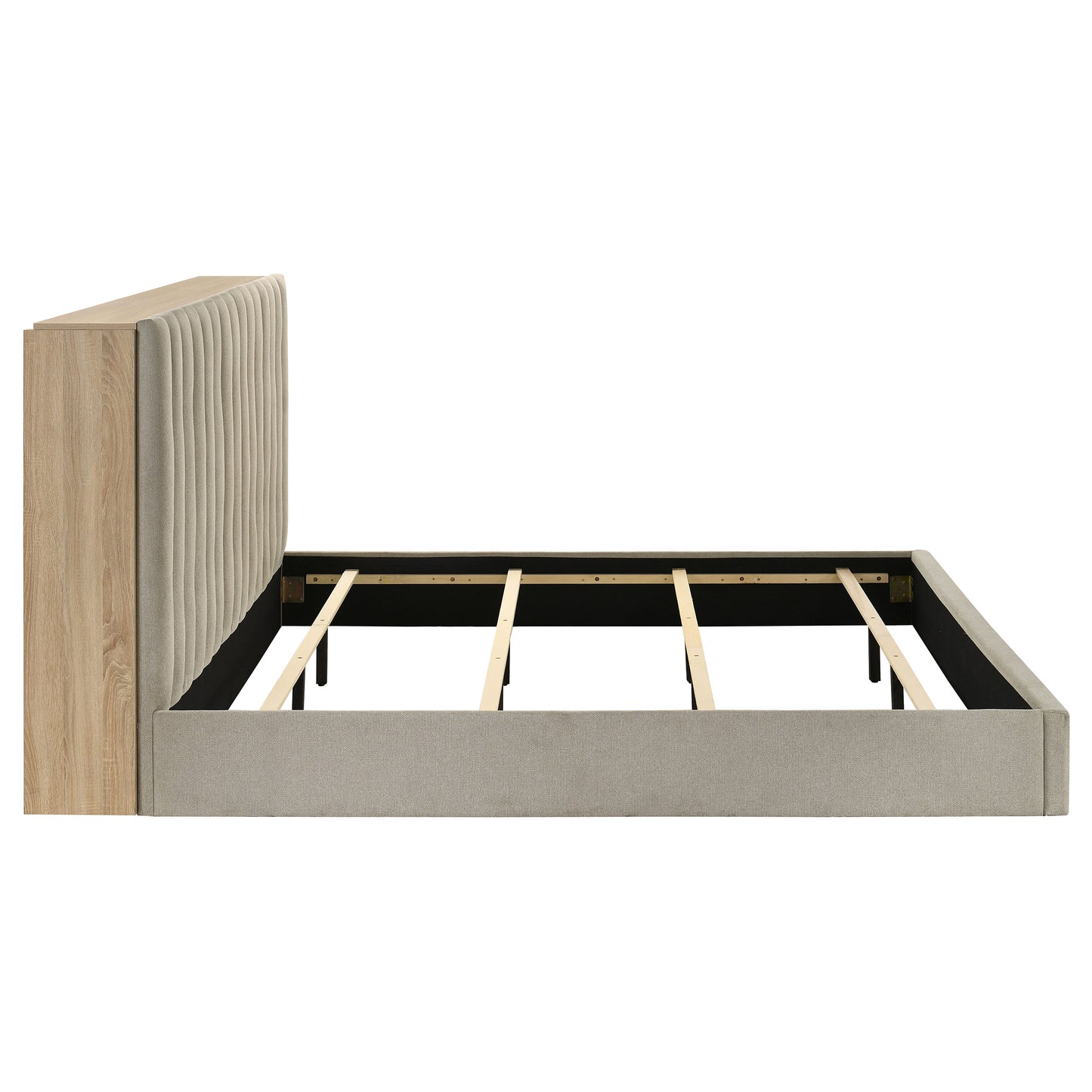 Arielle Upholstered Bookcase Bed Light Tan and Light Oak Available in Queen & Eastern King