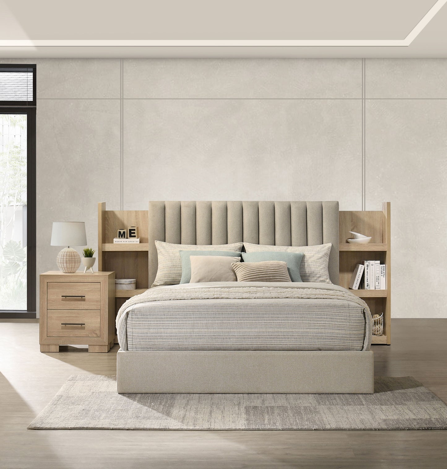 Arielle Upholstered Bookcase Bed Light Tan and Light Oak Available in Queen & Eastern King