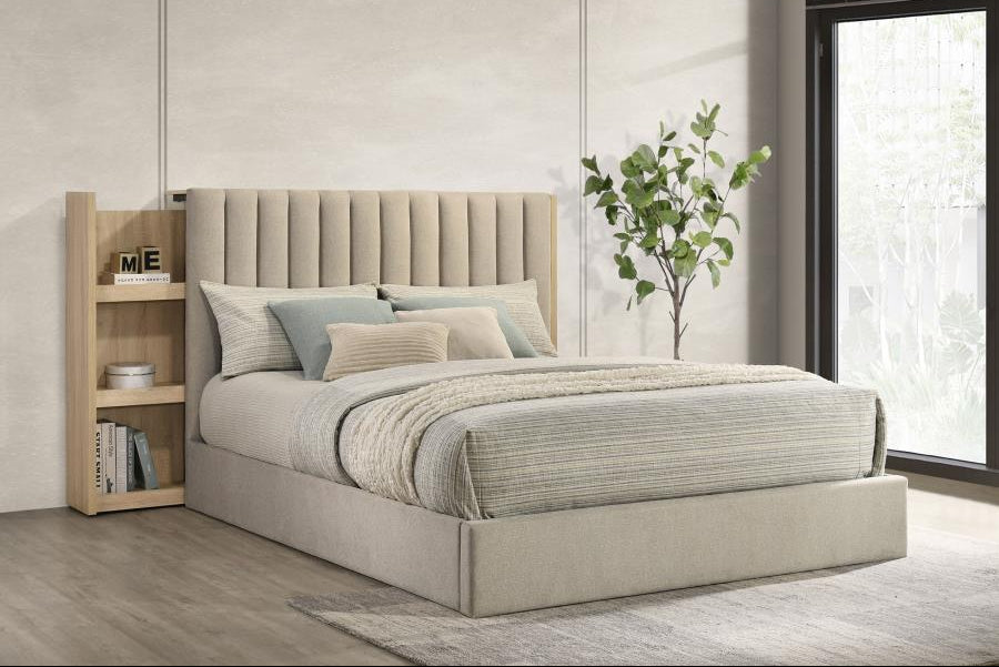 Arielle Eastern King Or Queen Bookcase Panel Storage Bed Light Oak. - Venini Furniture 