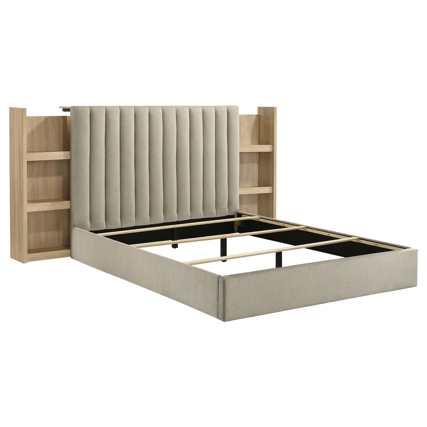 Arielle Upholstered Bookcase Bed Light Tan and Light Oak Available in Queen & Eastern King