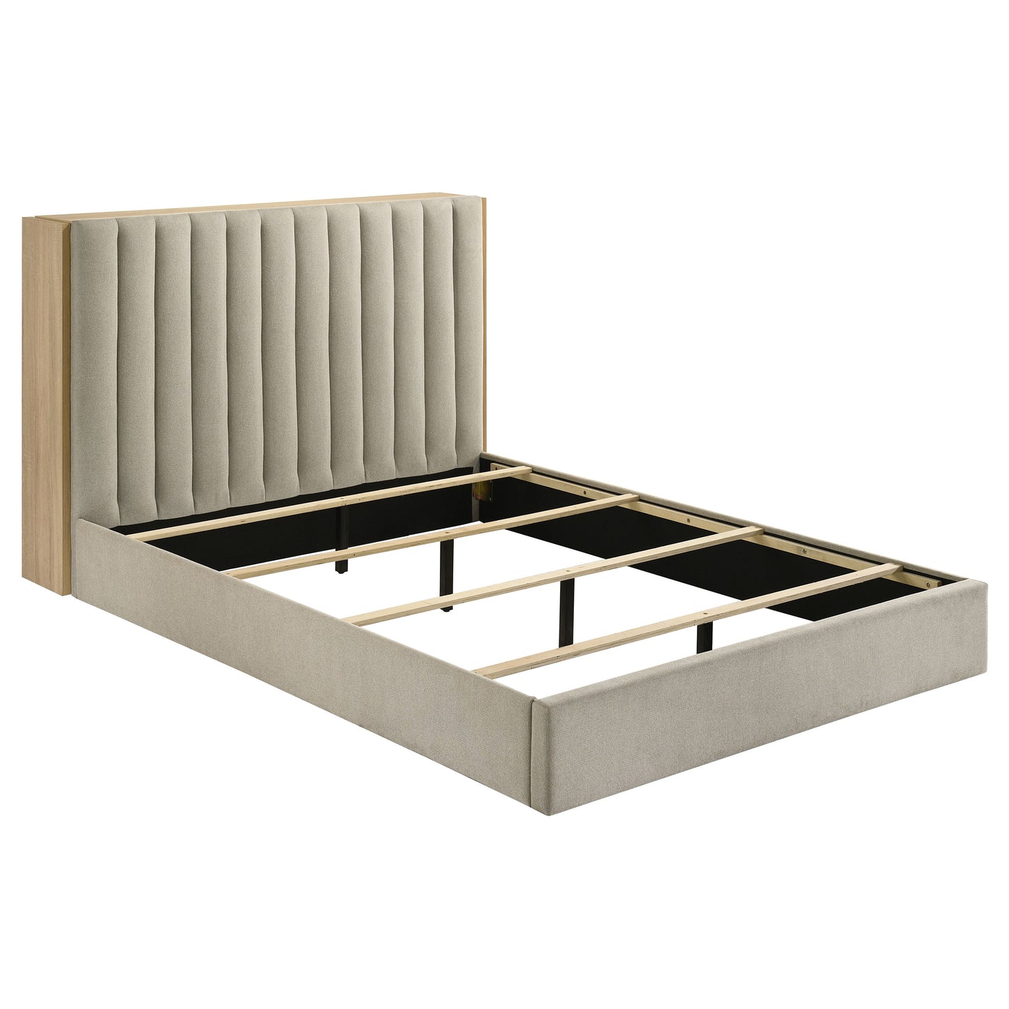 Arielle Upholstered Bookcase Bed Light Tan and Light Oak Available in Queen & Eastern King