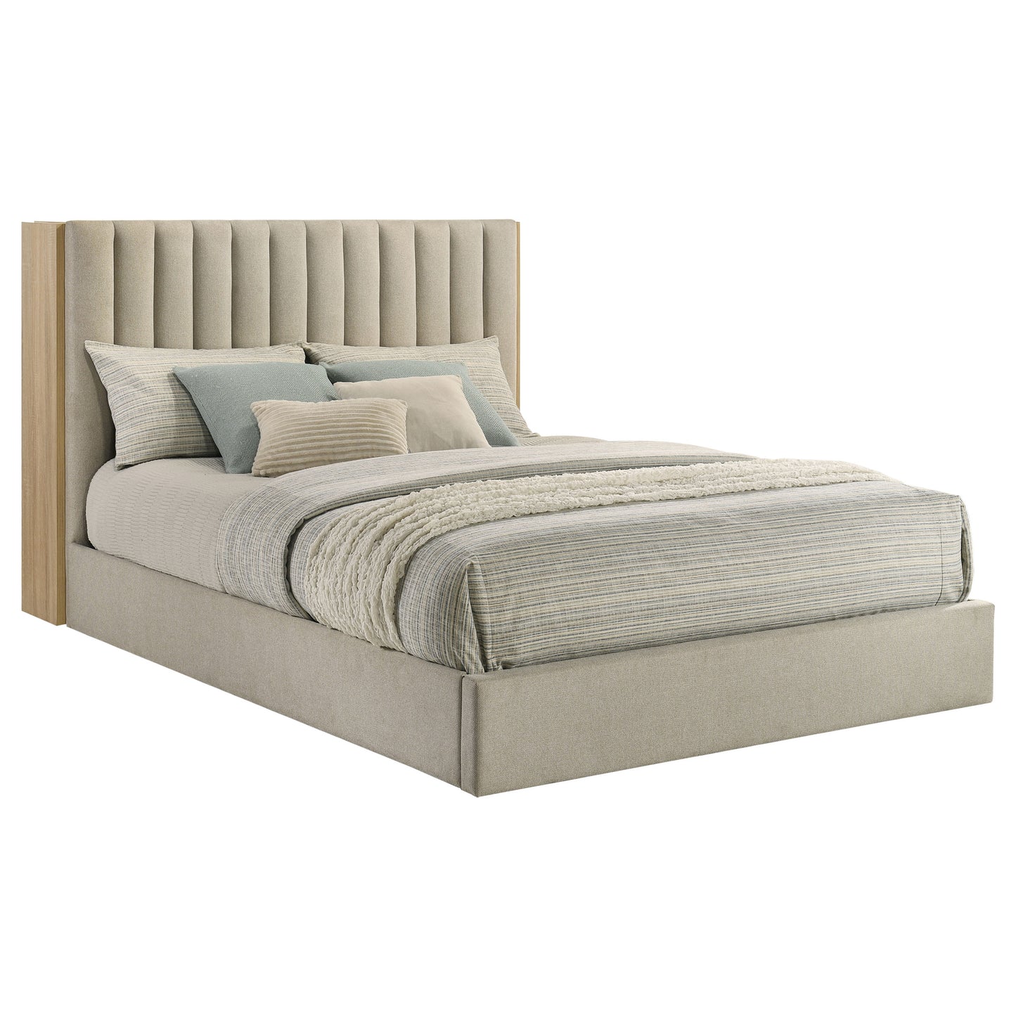 Arielle Upholstered Bookcase Bed Light Tan and Light Oak Available in Queen & Eastern King