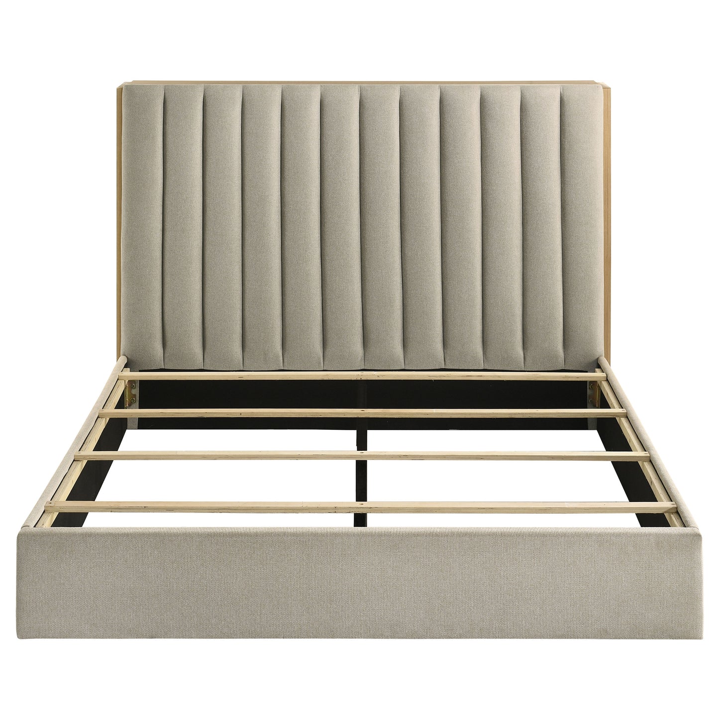Arielle Upholstered Bookcase Bed Light Tan and Light Oak Available in Queen & Eastern King