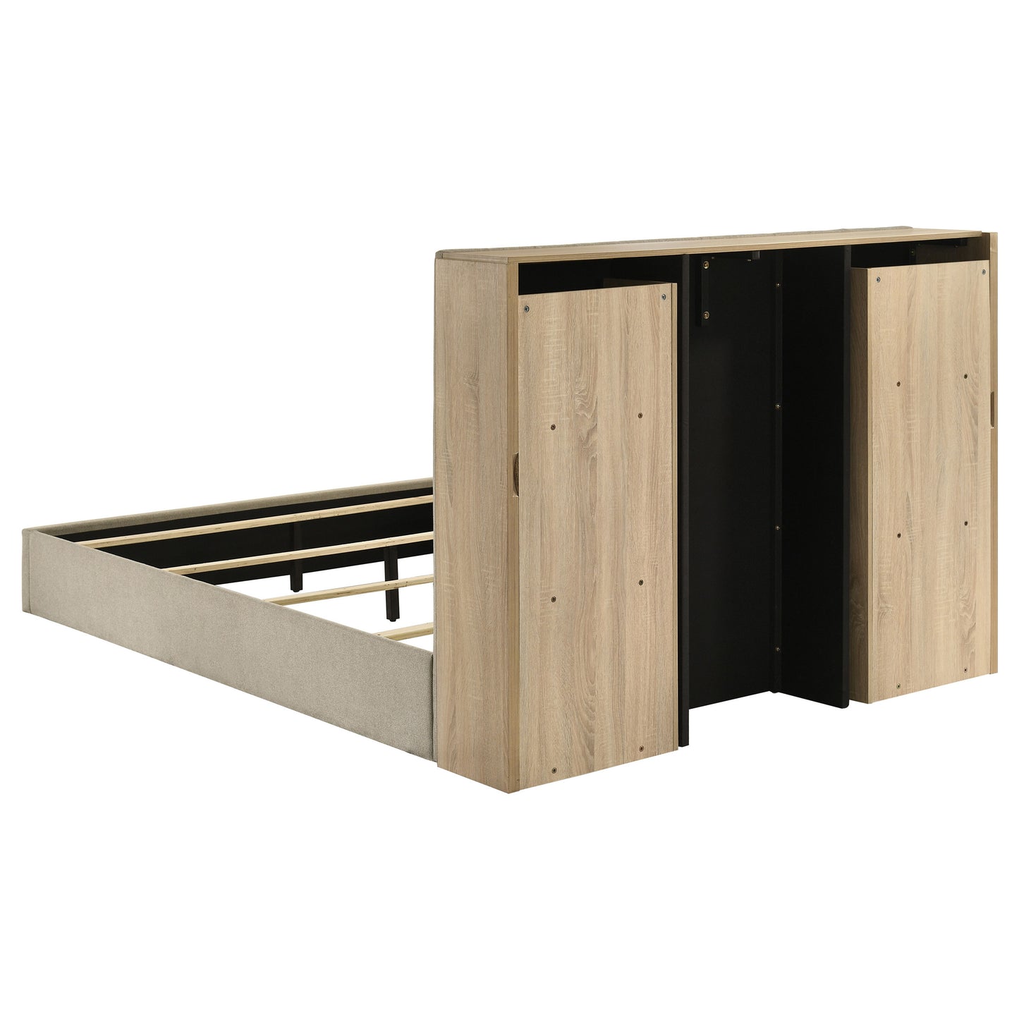 Arielle Upholstered Bookcase Bed Light Tan and Light Oak Available in Queen & Eastern King