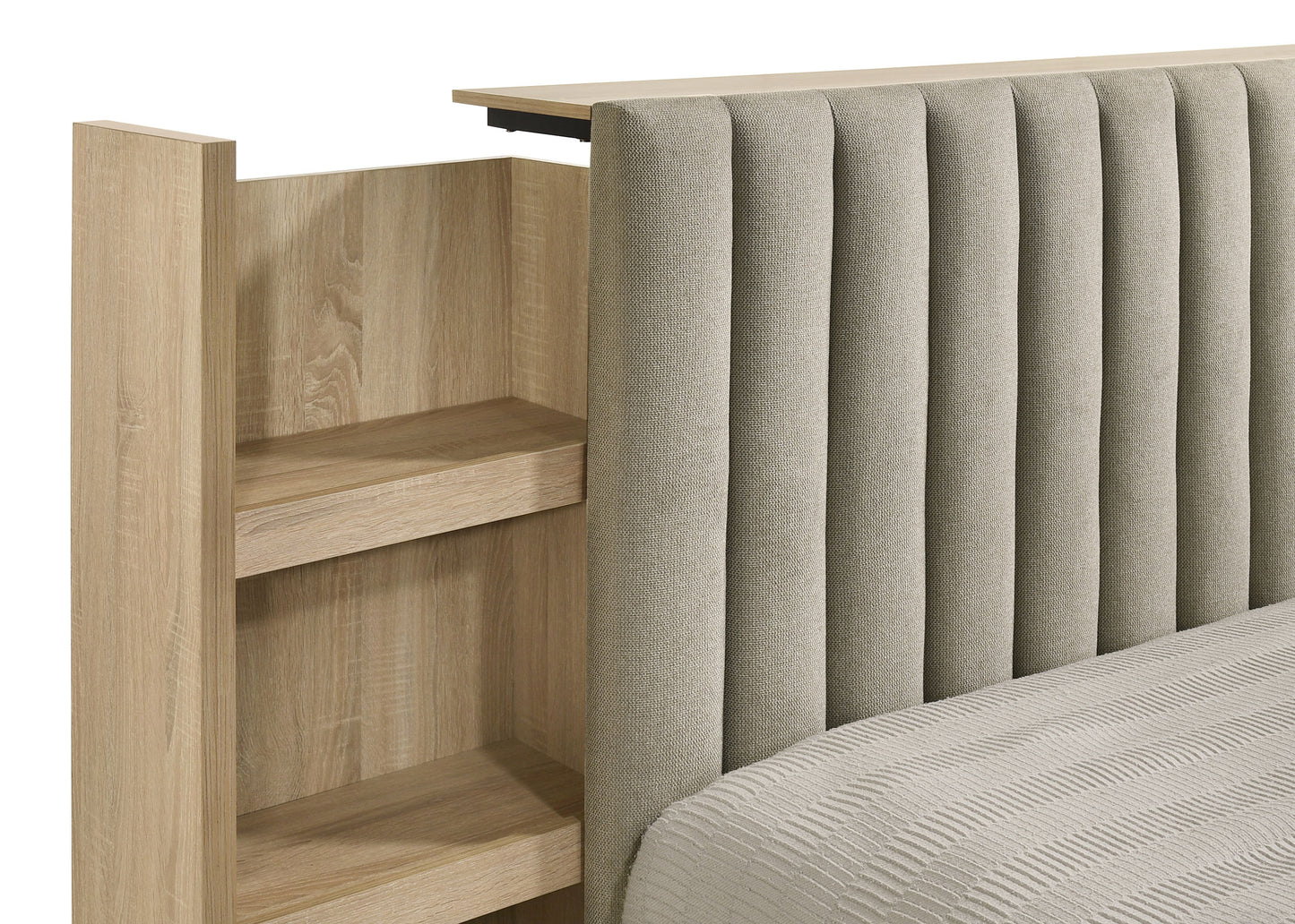 Arielle Upholstered Bookcase Bed Light Tan and Light Oak Available in Queen & Eastern King