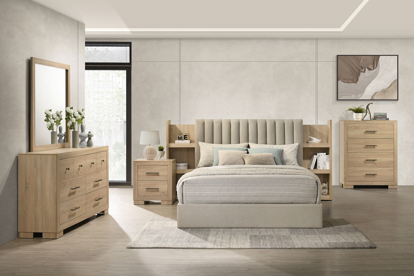 Arielle Upholstered Bookcase Bed Light Tan and Light Oak Available in Queen & Eastern King