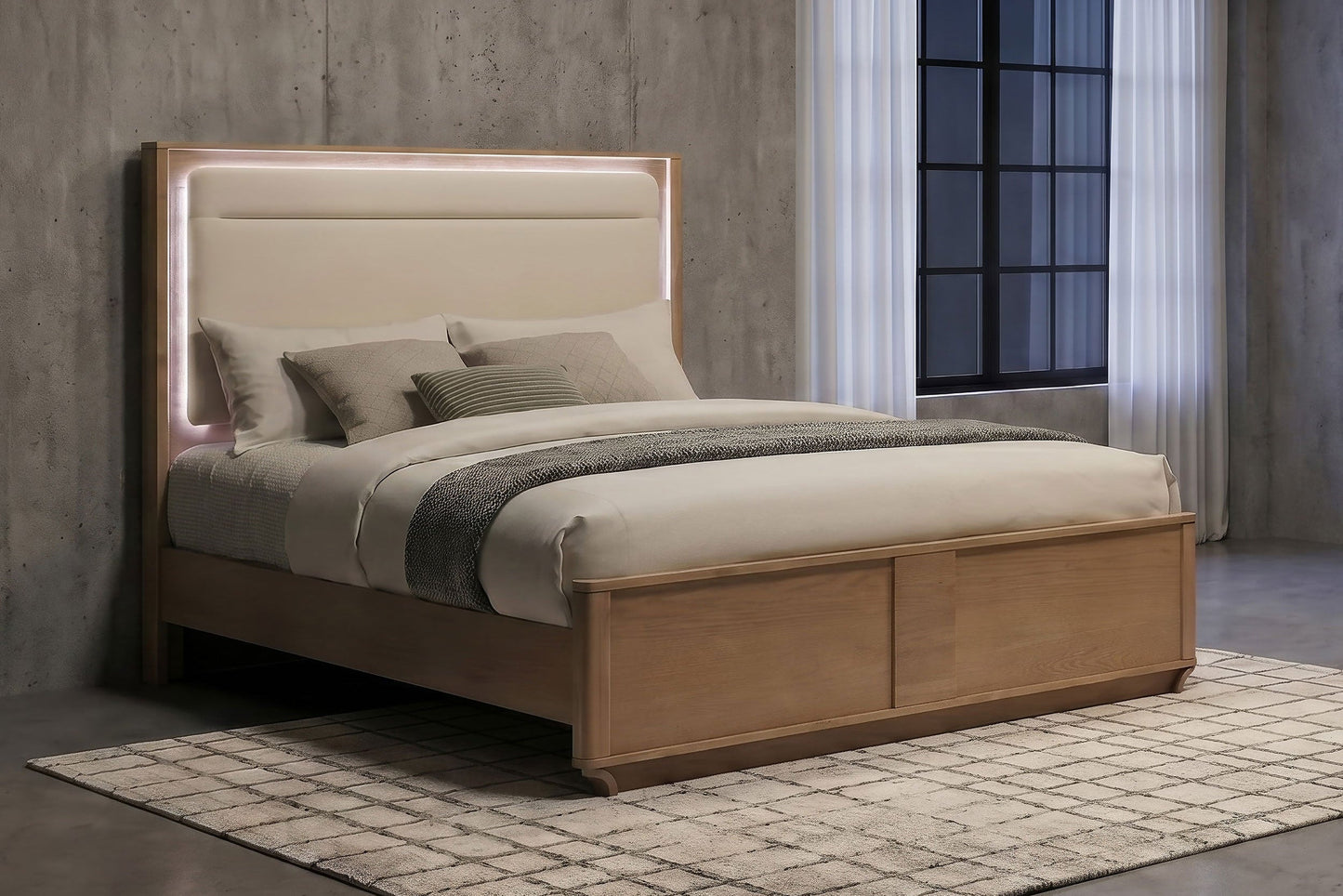 Leanne LED Panel Bed – Queen or Eastern King – Off White & Light Oak. - Venini Furniture 