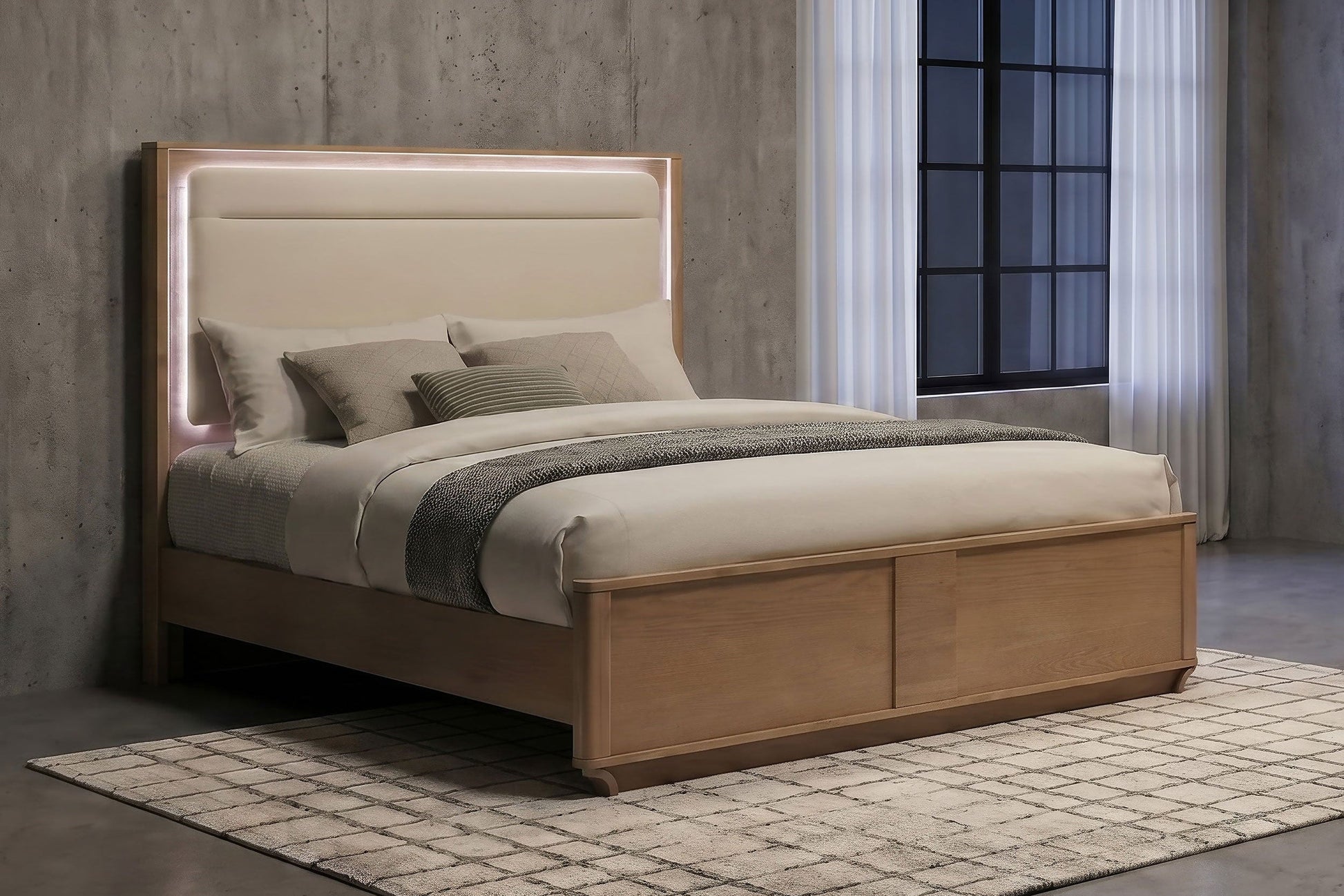 Leanne LED Panel Bed – Queen or Eastern King – Off White & Light Oak. - Venini Furniture 