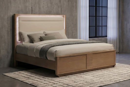 Leanne LED Panel Bed – Queen or Eastern King – Off White & Light Oak. - Venini Furniture 