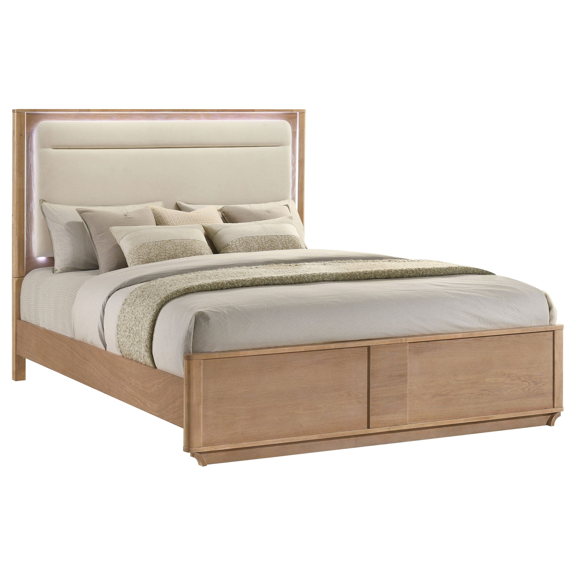 Leanne LED Panel Bed – Queen or Eastern King – Off White & Light Oak. - Venini Furniture 