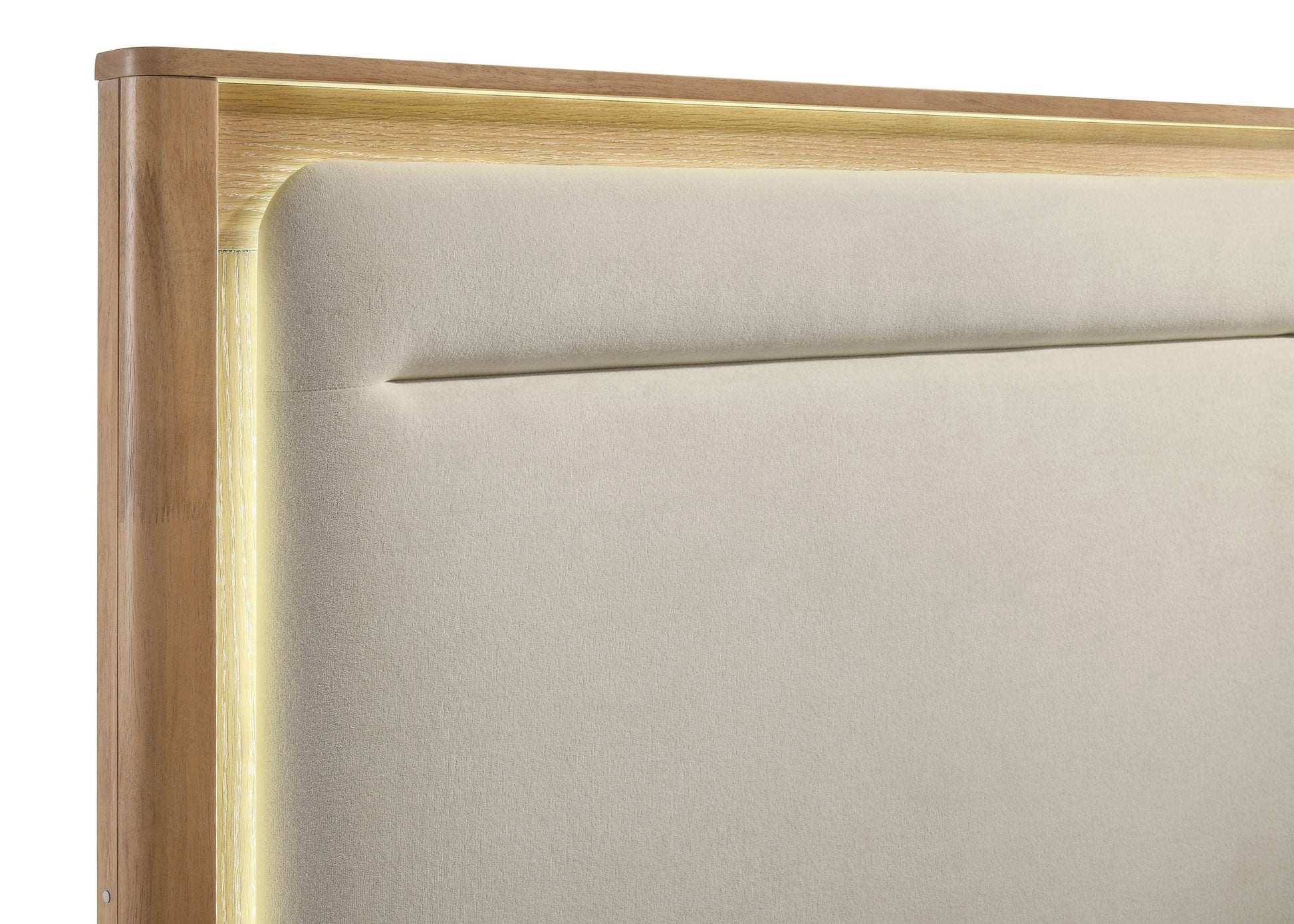 Leanne LED Panel Bed – Queen or Eastern King – Off White & Light Oak. - Venini Furniture 