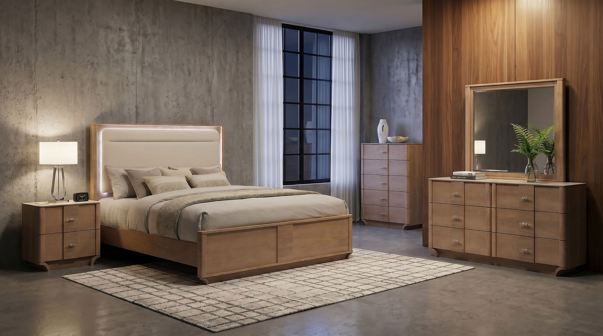 Leanne LED Panel Bed – Queen or Eastern King – Off White & Light Oak. - Venini Furniture 