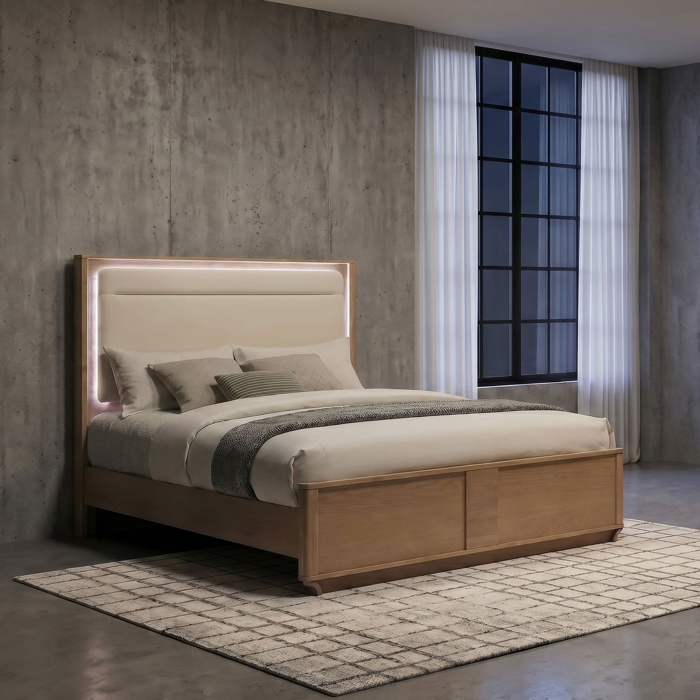 Leanne LED Panel Bed – Queen or Eastern King – Off White & Light Oak. - Venini Furniture 