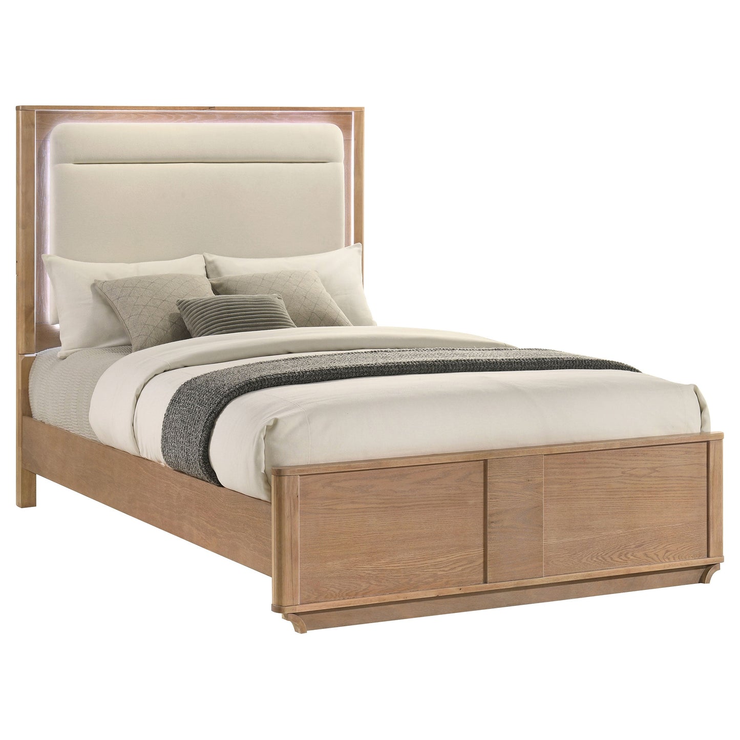 Leanne LED Panel Bed – Queen or Eastern King – Off White & Light Oak. - Venini Furniture 
