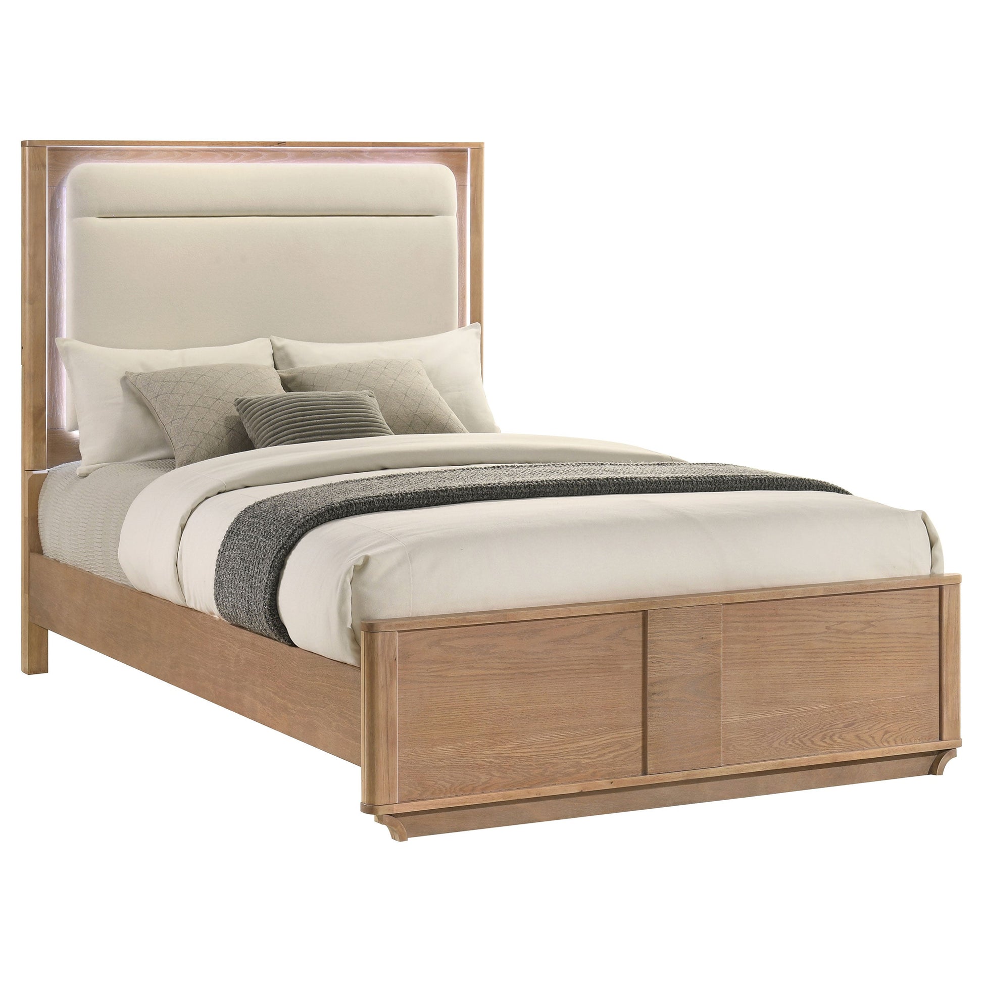 Leanne LED Panel Bed – Queen or Eastern King – Off White & Light Oak. - Venini Furniture 