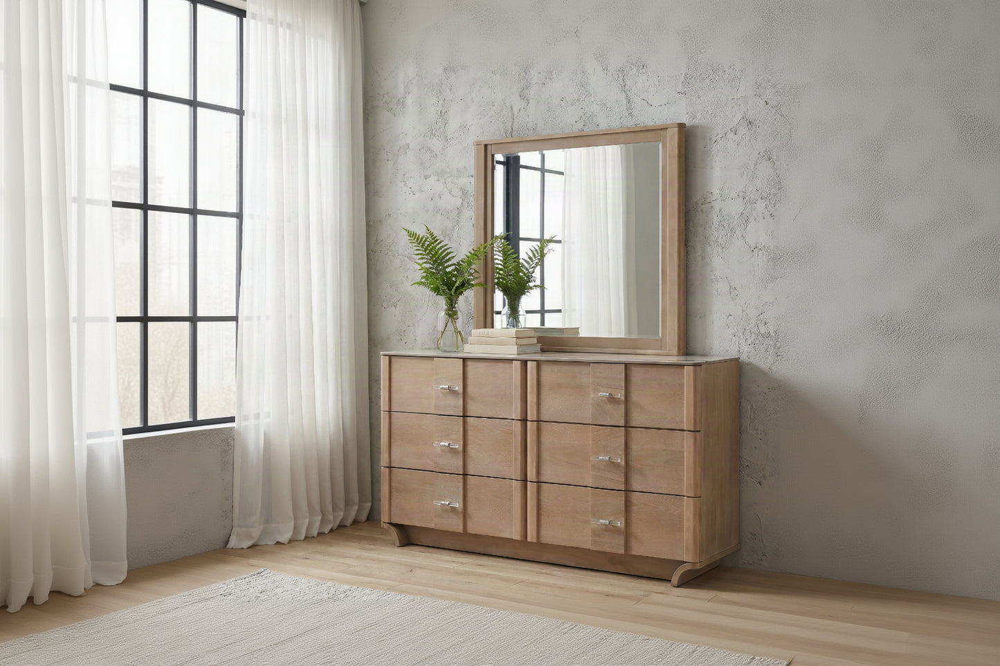 Leanne 6-Drawer Sintered Stone Top Dresser & Mirror – Light Oak 223133M - Venini Furniture 