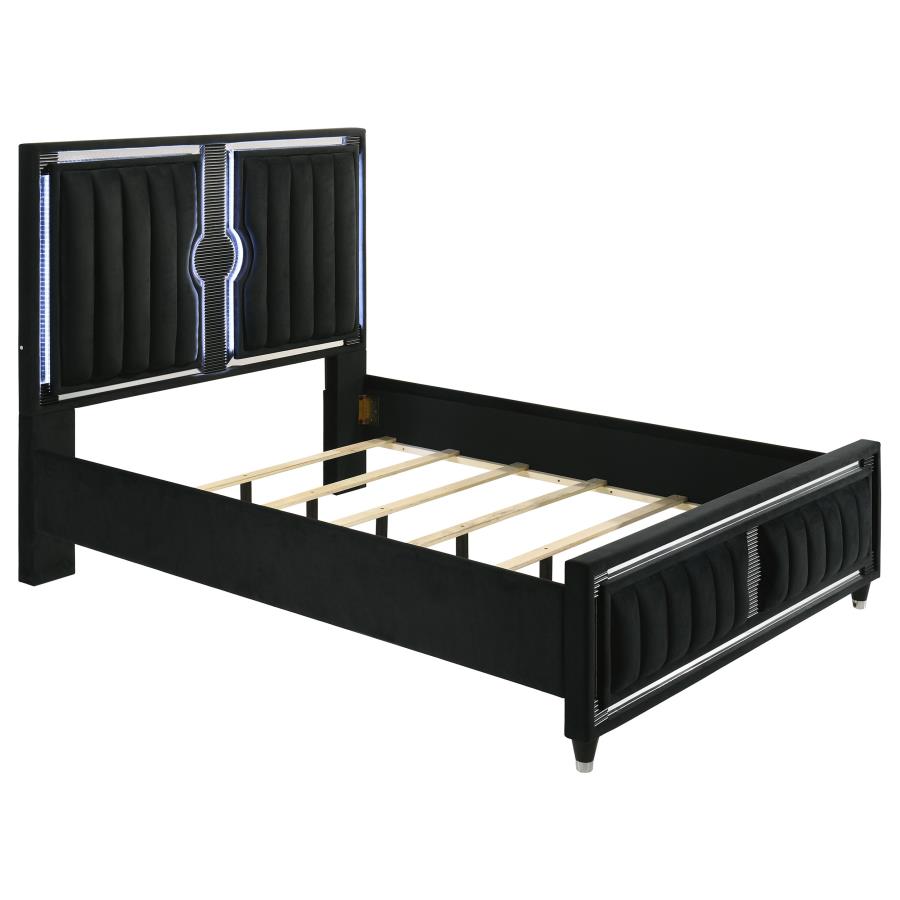 Ravenne Velvet Upholstered Queen LED Panel Bed Black