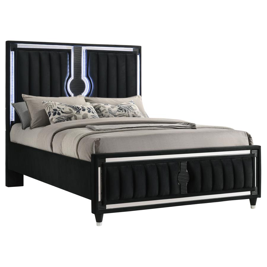Ravenne Velvet Upholstered Queen LED Panel Bed Black