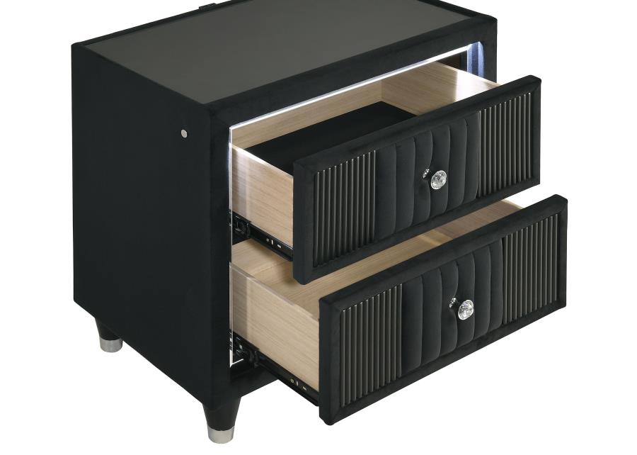 Ravenne 2-drawer Velvet Upholstered LED Nightstand with USB Black