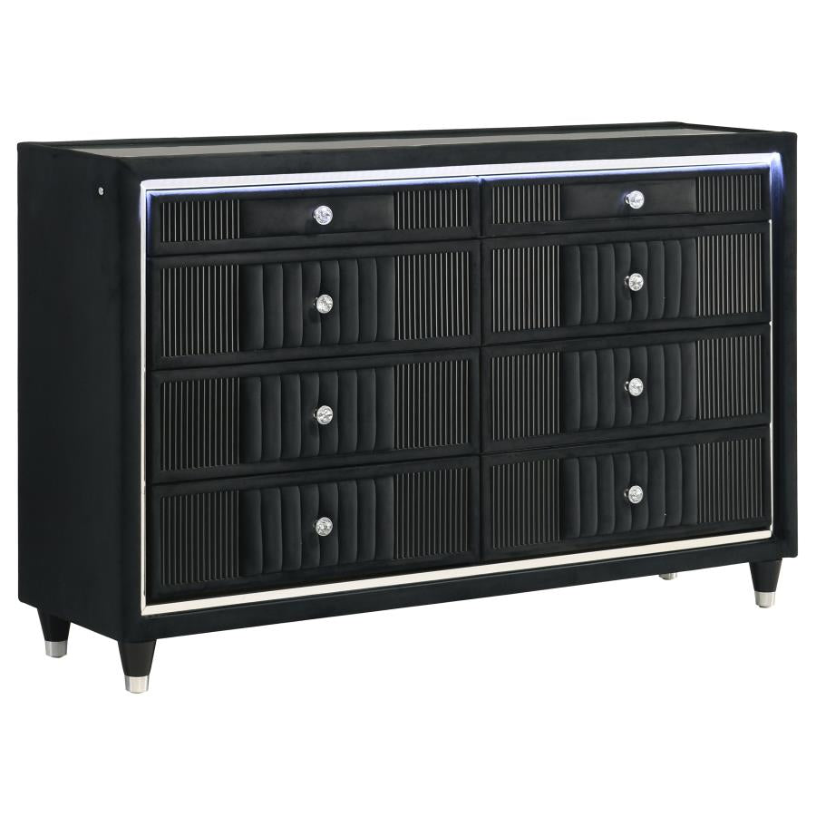 Ravenne 8-drawer Velvet Upholstered LED Dresser Cabinet Black