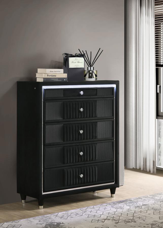 Ravenne 5-drawer Velvet Upholstered LED Chest of Drawers Black