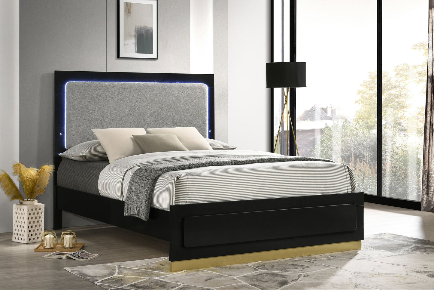 Caraway Wood LED Panel Bed Black in Queen, Eastern King and California King.