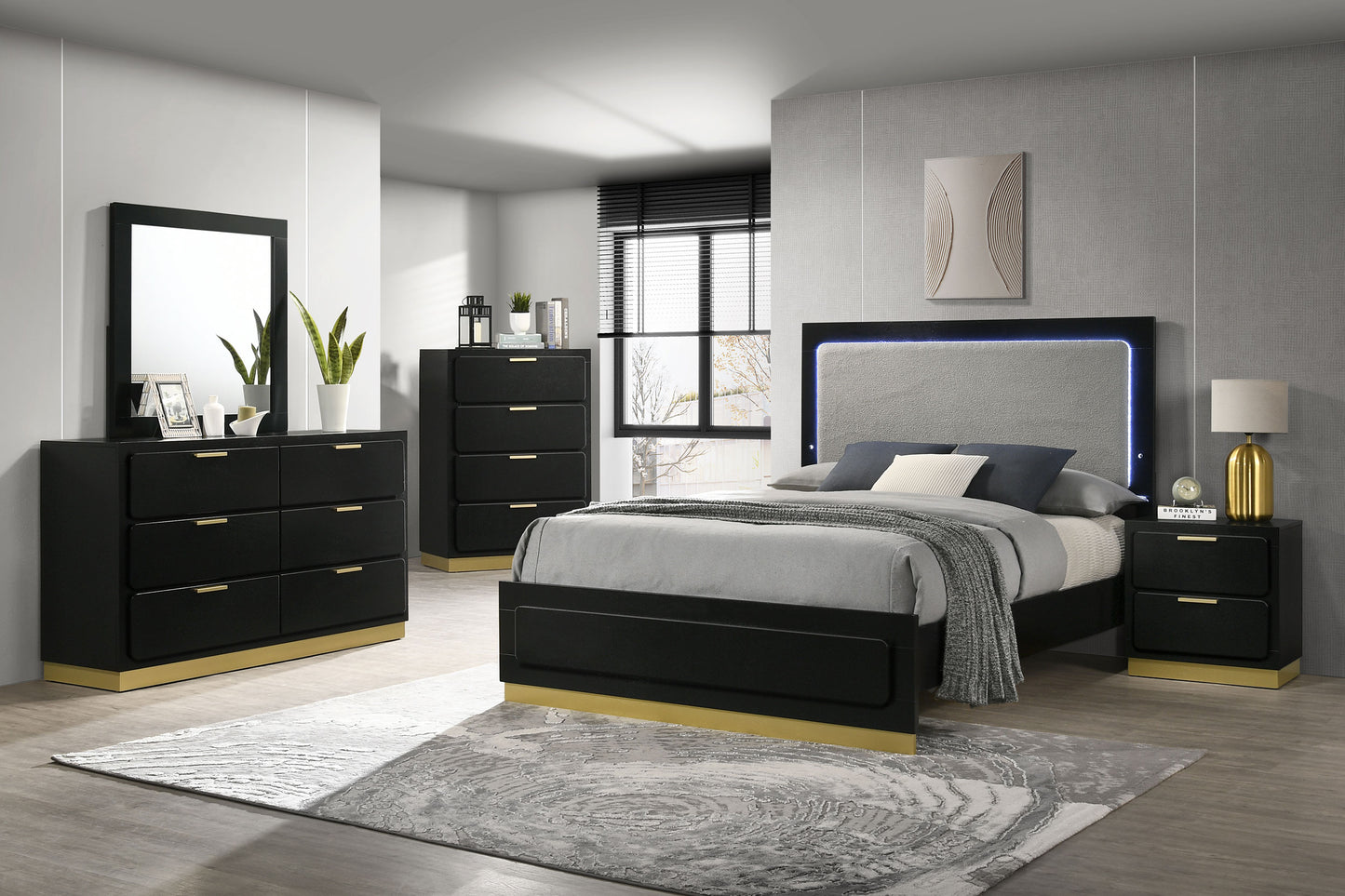 Caraway Wood LED Panel Bed Black in Queen, Eastern King and California King.