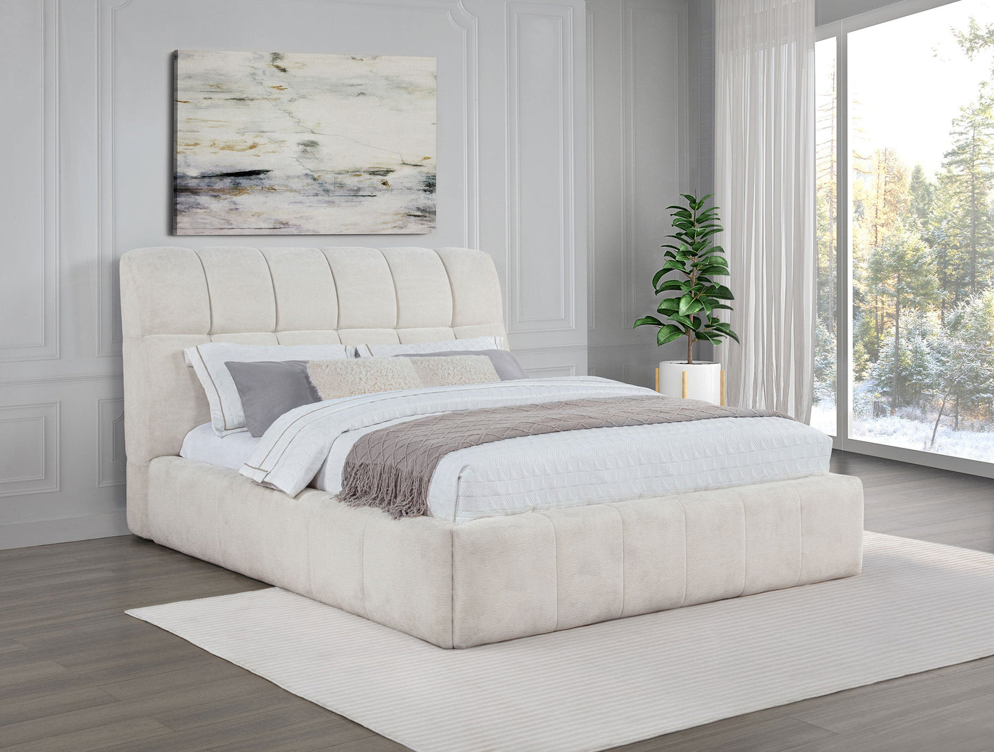 Nollet 48-Inch Upholstered Platform Bed – Cream Available in Queen, California King & Eastern King - Venini Furniture 