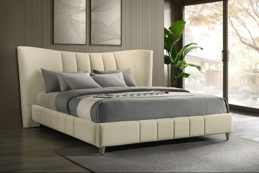 Evelyn Upholstered Queen OR Eastern King Panel Platform Bed Ivory - Venini Furniture 