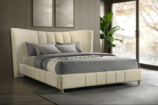 Evelyn Upholstered Queen OR Eastern King Panel Platform Bed Ivory - Venini Furniture 