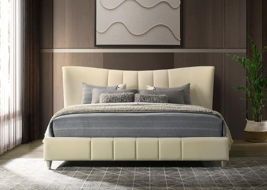 Evelyn Upholstered Queen OR Eastern King Panel Platform Bed Ivory - Venini Furniture 