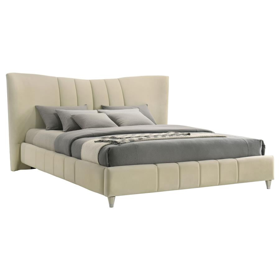 Evelyn Upholstered Queen OR Eastern King Panel Platform Bed Ivory - Venini Furniture 