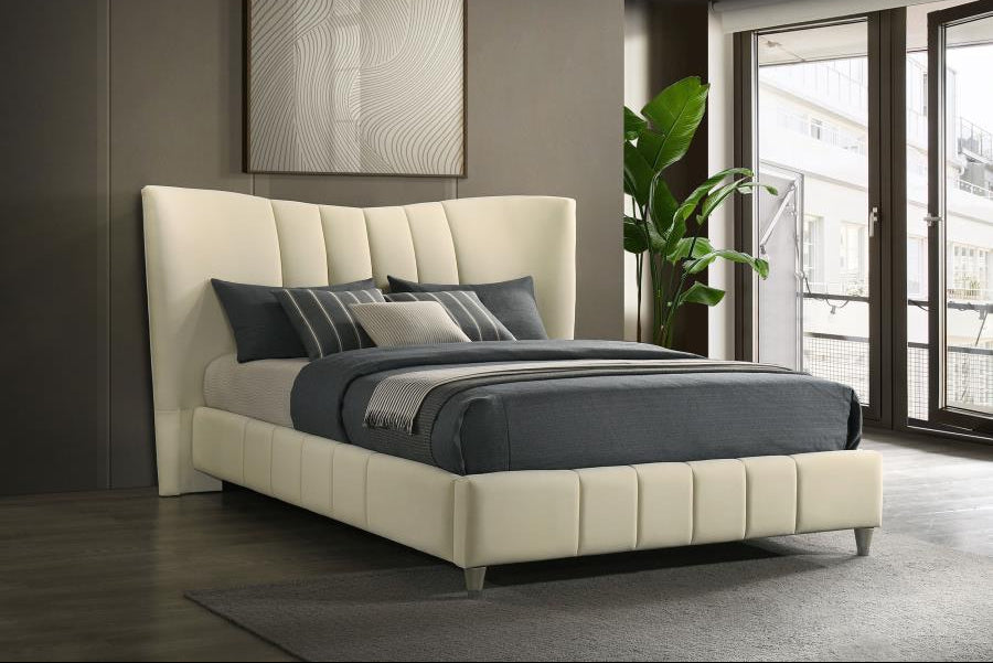 Evelyn Upholstered Queen OR Eastern King Panel Platform Bed Ivory - Venini Furniture 